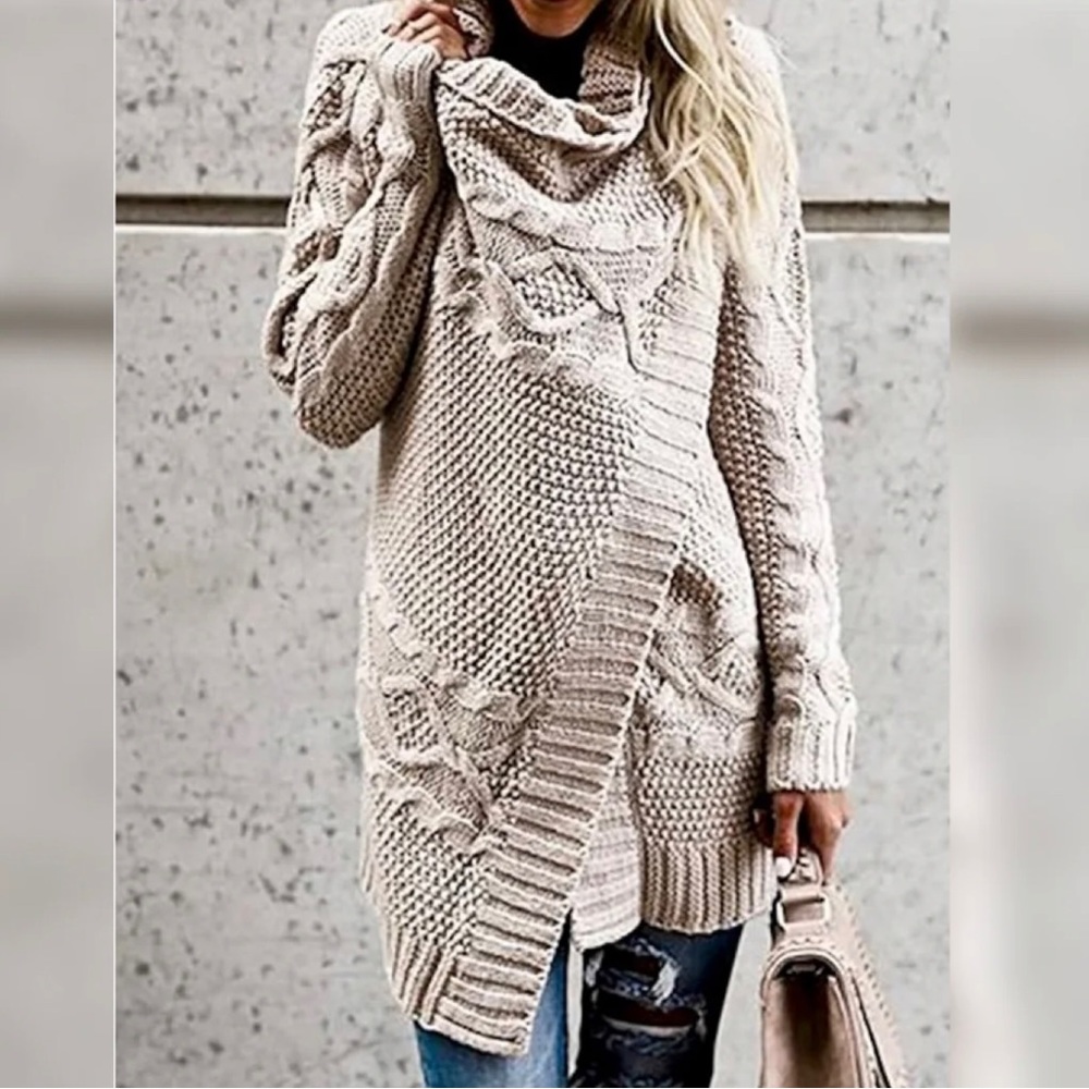 Oatmeal Chunky Cable Wrap Draped Cardigan Sweater NWT - Picture 4 of 11